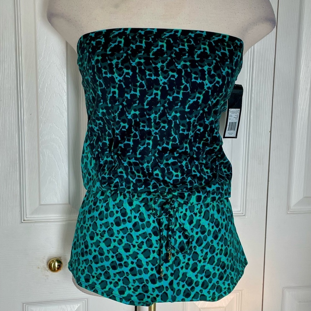 Marc Jacobs Bandeau Halter Black and Teal Leopard Pattern Swimsuit Tie Waist